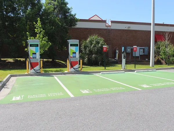 Multiple EV charging stations in a parking lot